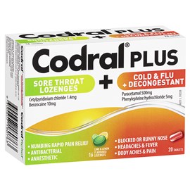 Codral Plus Sore Throat Lozenges + Cold & Flu + Decongestant Tablets Lime & Lemon 16 + 20 Pack