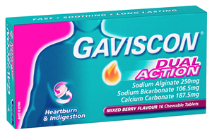 Gaviscon Dual Action Heartburn and Indigestion Relief Mixed Berry Flavour 16 Tablets