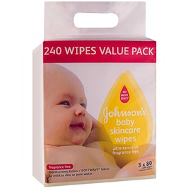 Johnson's Baby Wipes Fragrance Free 80 x3 Pack
